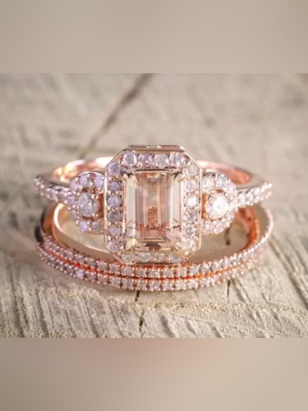 Rose Gold Emerald-Cut Halo Engagement Ring Set